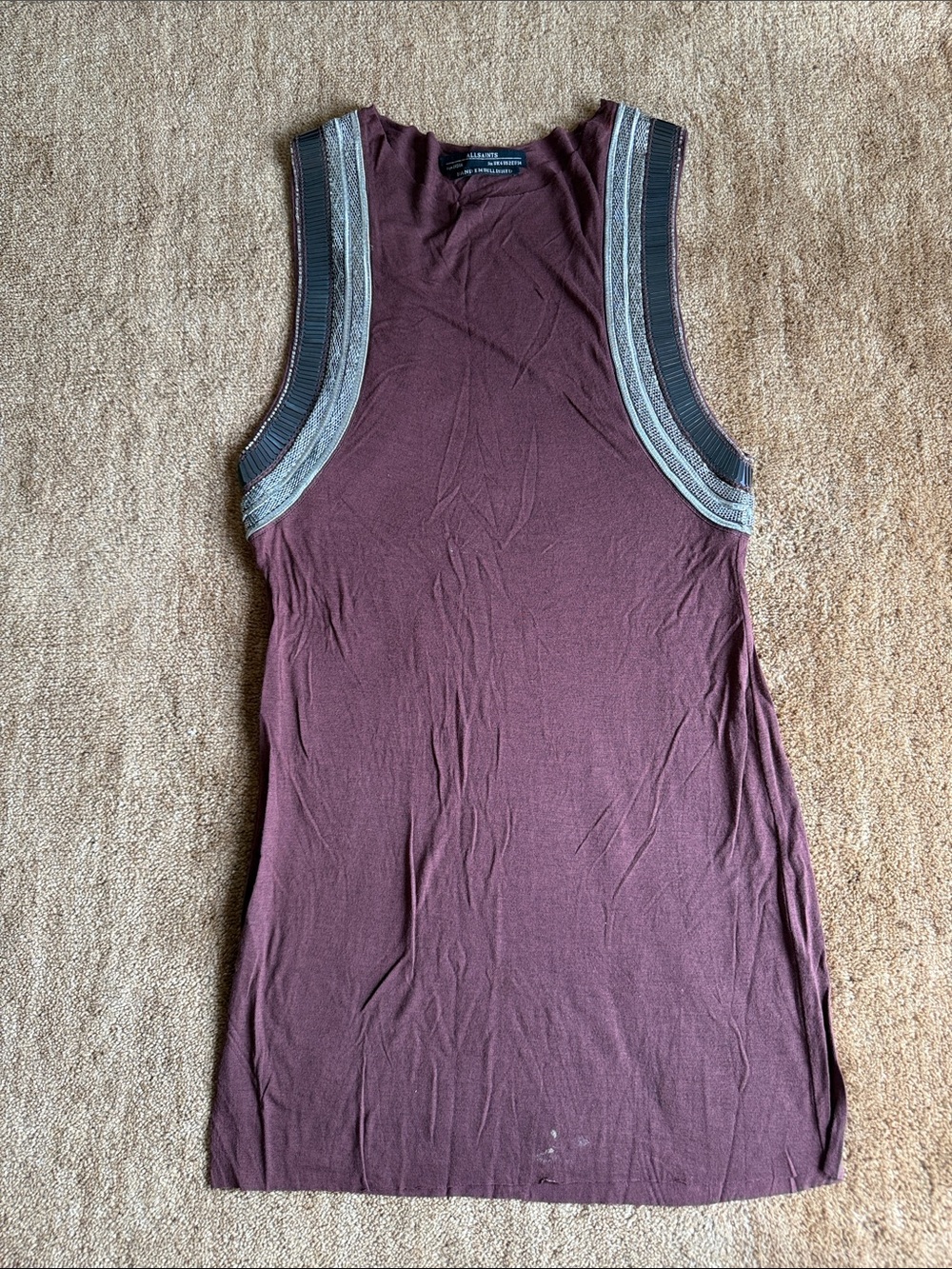 All Saints Burgundy Sleeveless Tank with Metallic Trim
